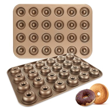 LDHHYH 2 Pack 24-Cavity Mini Donut Pan, Nonstick Small Donut Tray Doughnut Bakeware, Carbon Steel Mini Donut Cake Pans for Baking - Gold
