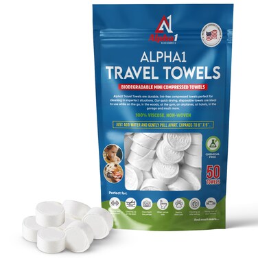 Compressed Towel Tablets - 50 Pack of Compressed Coin Towels 8" x 9" - Disposable Face Towel Wipes - Perfect for Camping, Traveling &amp; Hiking