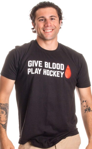 Ann Arbor T-shirt Co. Give Blood, Play Hockey   Funny Hockey Player Skater Goalie Coach Humor T-Shirt-(Adult, M) Black