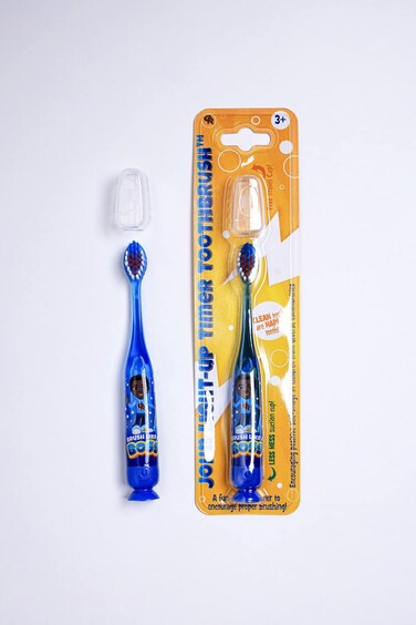 OUR REFLECTIONS Kids Manual Light Up 60 Seconds Timer Toothbrush, Suction Cup, Soft Bristles, Ages 3 and up. John (John Light Up Timer Toothbrush, Blue)