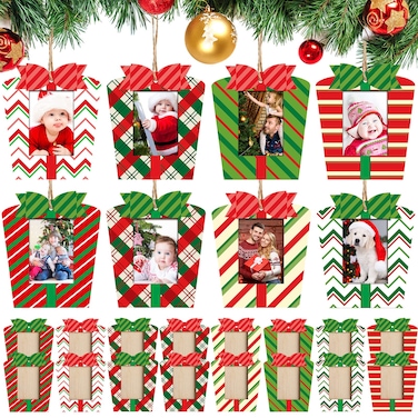 16 Pieces Christmas Hanging Photo Frame Ornaments Christmas Photo Ornaments Red and White and Green Present Box Picture Frame Ornaments for Christmas Tree Party Decorations