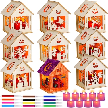 Wettarn 9 Set Halloween Craft Wooden House for Kids Make Your Own Halloween Lighted Haunted House Halloween Art DIY Craft Kit Halloween Party Favors Decoration Classroom Projects