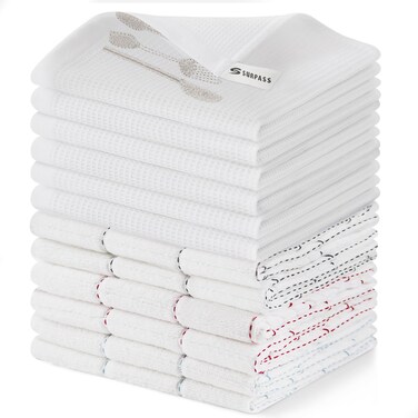 SURPASS 12 Pack Kitchen Towels Dish Cloths Dish Rags，16" X 26"，100% Cotton Highly Absorbent Quick Drying Reusable Cleaning Cloths Hand Towels with Hanging Loop-White