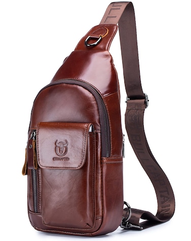BULLCAPTAIN Men Genuine Leather Shoulder Sling Bag Daypack Casual Multi- pocket Crossbody Chest Bag Travel Hiking Backpacks (Brown)