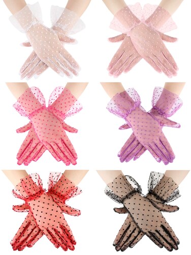 6 Pairs Ladies Lace Gloves Women Tea Party Gloves Elegant Short Gloves for Women Girls Wedding Polka Dot Gloves Wrist Length Courtesy Summer Gloves for 1950s Tea Wedding Party