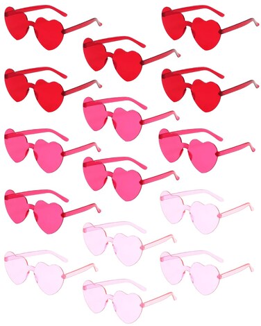 PARSUP 15 Pairs Heart Shaped Rimless Glasses Frameless Heart Sunglasses Transparent Red/Rose Red/Pink Color Glasses Tinted Eyewear Bachelorette Party Favors Photo Booth Props