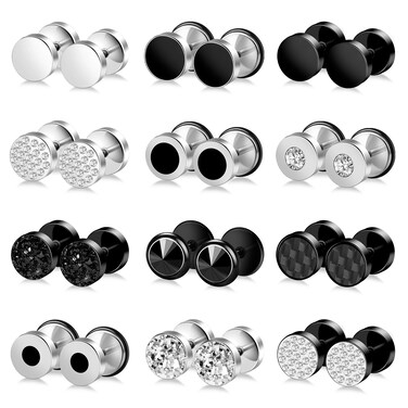 ONESING 12 Pairs Faux Gauge Earrings for Men Black Stud Earrings Silver Mens Earrings Faux Plugs Stainless Steel Earrings Set with Gift Box