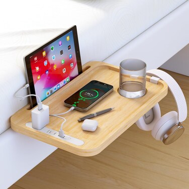 Bedside Shelf Bed Table with USB Charging Port - Oblitor Top Bunk Bed Shelfie with Tablet Phone Holder College Dorm Room Essentials Bedside Table Desk Organizer with Cup Holder, Hooks, Bamboo
