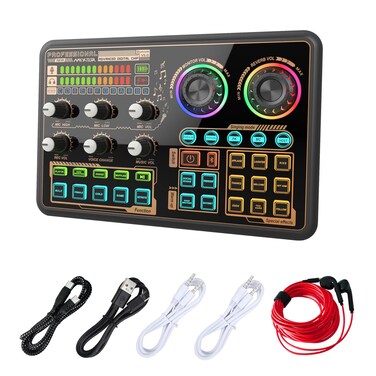 Hosabely Audio Mixer with Effects, Audio Interface with Voice Changer and LED Lights, External Sound Card for PC Phone Microphone, Audio Mixer for Karaoke, Streaming, Recording, Gaming, Podcasting