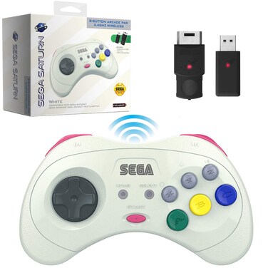 Retro-Bit Official Sega Saturn 2.4 GHz Wireless Controller for Sega Saturn, Sega Genesis Mini, Switch, PS3, PC, Mac - Includes 2 Receivers &amp; Storage Case (White)