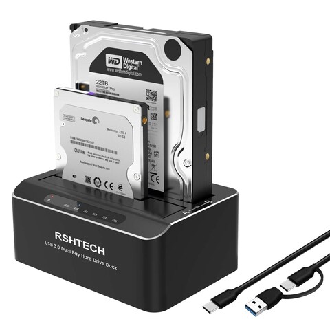 RSHTECH Hard Drive Docking Station Aluminum USB-C/USB 3.0 to SATA Dual Bay Hard Drive Dock for 2.5 or 3.5 inch HDD SSD, with 2-in-1 USB Cable, Support Offline Clone, UASP and 2x22TB, RSH-DS01C