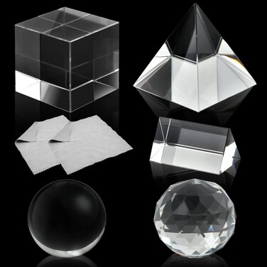 Supkiir 5 Pack K9 Optical Crystal Photography Prism Set with Crystal Ball Glass Triangular Prism Cube Lens Prism Ball and Optical Pyramid, Portable Rainbow Prism for Photos and Teaching Light Spectrum