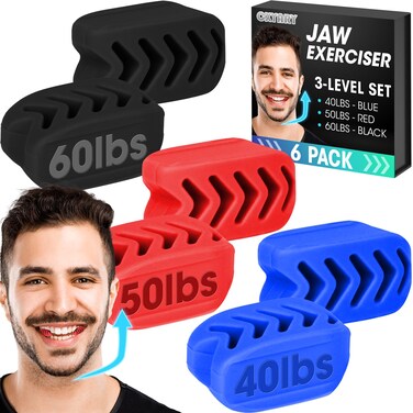 CXYARY 2024 Upgraded Model 6PCS Jaw Exerciser for Men &amp; Women, 3 Resistance Levels, Silicone Jawline Exerciser, Jaw Trainer Strengthener, Blue+Red+Black(U.S. Patent in Application Process)