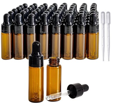 PYAWI 50Pcs 5ml Sample Dropper Bottles，Amber Glass Dropper Bottles for Essential Oils Sample Cosmetic Perfume Traveling