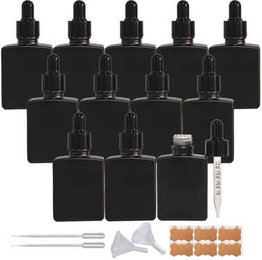 BEGIKET 12 Pack 1 oz Black Square Glass Dropper Bottle for Essential Oil, 30ml /1 oz Black Coated Glass Bottle with Eye Droppers, for Perfume,Serums and Liquids (Matte Black)