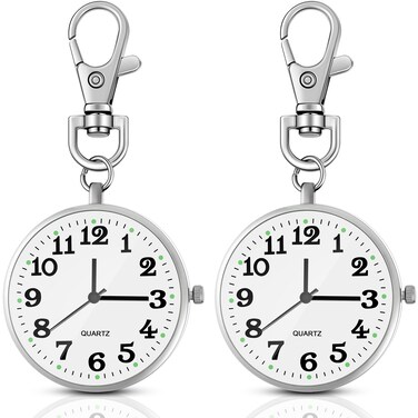 2 Pieces Quartz Pocket Watch with Key Buckle Round Pocket Watch Keychain Watch Portable Unisex Watch (Silver)