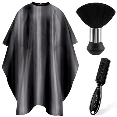 NICEMOVIC Hair Cutting Barber Cape for Men Women Kids with Neck Duster Brush and Barber Brush, Professional Barber Accessories Cleaning Supplies for Salon Haircut Styling (Black Stripe)