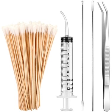 Tonsil Stone Removal Set Includes 2 Stainless Steel Tonsil Stone Removal Tools, 1 Stainless Steel Elbow Tweezers and 100 Long Swabs with 1 Curved Irrigator Syringe to Get Rid of Bad Breath