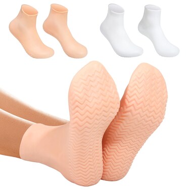 Silicone Socks for Dry Cracked Feet 2 Pairs,XL Long Size Moisturizing Socks,Non-Slip Moisturizing Heel Socks for Dry Cracked Feet Women,High Stretch Foot Care Pedicure Socks for Men-White&amp;Beige
