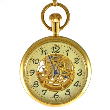 OGLE 3ATM Waterproof Vintage Stainless Steel Large Face Fob Self Winding Automatic Skeleton Mechanical Pocket Watch(Gold case&amp;Champagne Dial&amp;Gold Movement)