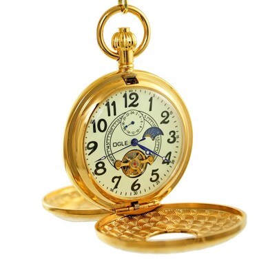 OGLE Vintage Copper Double Cover Tourbillon Phases Moon Chain Fob Self Winding Automatic Mechanical Pocket Watch(Luminous Dial)