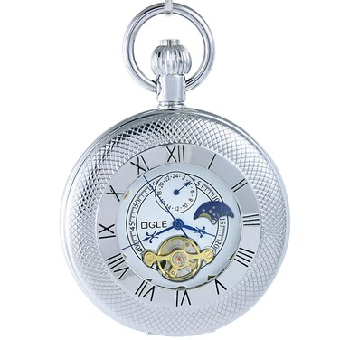 OGLE Waterproof Classics Roman Tourbillon Phases Moon Chain Fob Skeleton Automatic Mechanical Pocket Watch (Silver Case&amp;White)