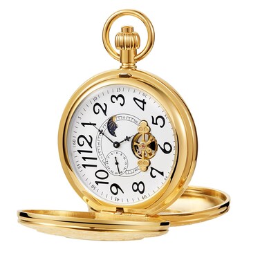 Whodoit Engraved Digital Gold Arabic Numerals Digital Dial Steampunk Mechanical Pocket Watch for Men, Men's FOB Chain Mechanical Pocket Watch