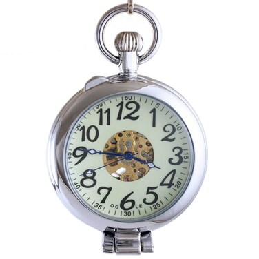 OGLE Waterproof Silver Magnifier Luminous Chain Fob Self Winding Automatic Skeleton Half Hunters Mechanical Pocket Watch (Silver Luminous)