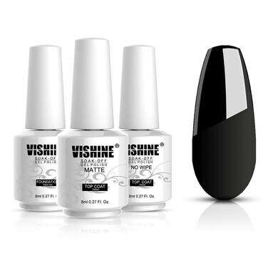 Vishine Base Top Coats Set - Matt Top Coat High Gloss No Wipe Top Coat and Base Coat 3Pcs, Soak Off UV LED Gel Nail Polish Shine Finish Long Lasting DIY Home Manicure Set - 8ml
