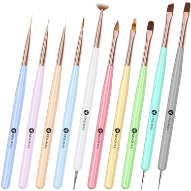KINGMAS Nail Art Brushes, 10Pcs Nail Gel Polish Painting Brush Drawing Pen, Nail Liner Brush and Nail Dotting Pen Nail Dust Cleaning Brush