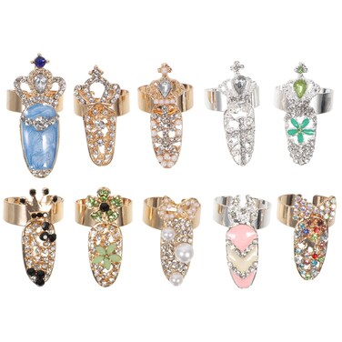 10Pcs Fingernail Rings Flower Crystal Finger Nail Rings Rhinestone Knuckle Finger Nails Rings Fashion Nail Rings for Women and Girls