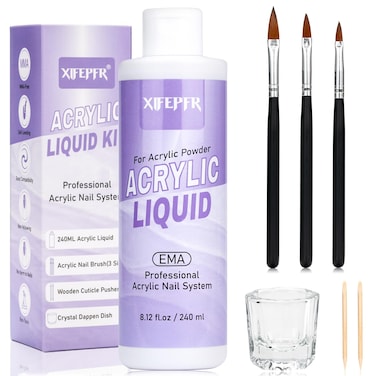 XIFEPFR Monomer Acrylic Nail Liquid - 8.12fl.oz Acrylic Liquid for Acrylic Powder with 3 Size Acrylic Brushes, MMA-Free Non-Yellowing EMA Monomer Liquid for Acrylic Nail Extension &amp; Carving