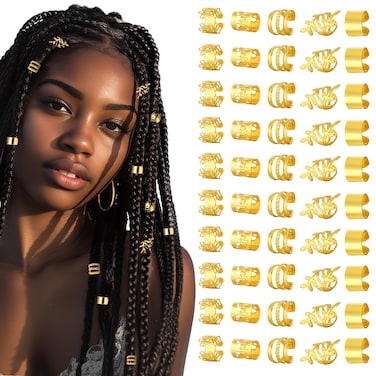 Prasacco 50 Pieces Gold Hair Jewelry for Braids, Loc Jewelry for Hair Dreadlocks Braid Jewelry Accessories Metal Gold Rings Cuffs Clip Hair Braids Jewelry Decorations for Women and Girls