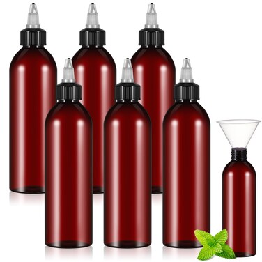 Barydat 6 Pcs Twist Top Applicator Bottle 8 oz Refillable Squeeze Bottle Empty Hair Oil Applicator Amber Plastic Bottles with Open Close Nozzle and 2 Funnels for Liquid Hair Oil Shampoo Lotion
