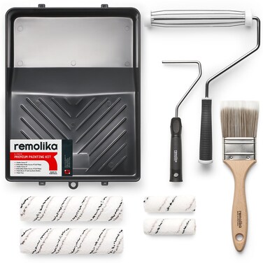 Remolika 8-Piece Paint Roller Kit - Made in Portugal - Premium Paint Brush, Microfiber Roller Covers, Wall Painting Roller Naps, Roller Frames, and Paint Tray, for Professionals or Homeowners