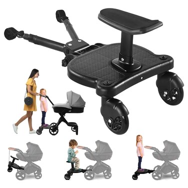 Universal Stroller Board with Detachable Seat, 2 in 1 Buggy Board Suitable for Most Brands of Strollers, Stroller Attachment for Toddler to Ride, Sit and Stand Stroller, Holds Children Up to 55lb