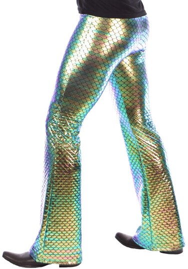 Mermaid Flare Pants: USA Made Holographic Men's Bell Bottom Flared Pants (S, Green Mermaid)