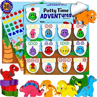 Potty Time Adventures Potty Training Chart by Lil ADVENTS - Dinosaurs with 14 Wood Block Toy Prizes - Potty Training Advent Game - Wooden Block Toys, Reward Chart, Activity Board &amp; Stickers