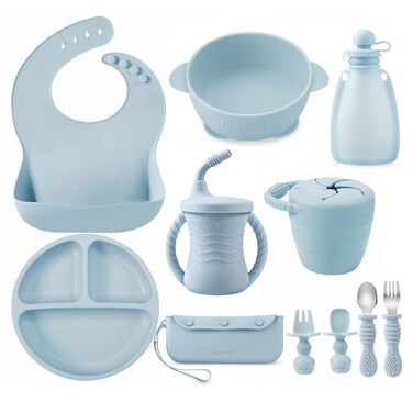 PandaEar Silicone Baby Feeding Set   11PCS Baby Led Weaning Supplies Self Feeding Utensils   Divided Suction Plate Bowl Bibs Sippy Cup with Baby Food Pouch Snack Container Spoons Forks, Blue