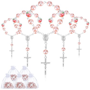 50 Pieces Baptism Favors for Girls Include 25 Pcs Pink Baptism Rosary Baby Rosary Mini Rosary and 25 Pcs Organza Bags Baptismal Gifts Baby Christening Gifts for First Communion Decorations Party