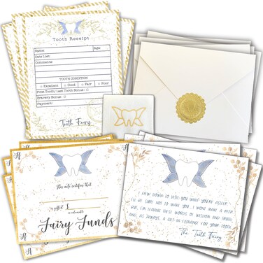 Tooth Fairy Letter Kit with 5 Virtue-Themed Tooth Fairy Letter Poems, 5 Tooth Fairy Envelopes with Seals, 5 Tooth Receipts, 5 Customizable Cash Alternative Certificates, &amp; 1 Tooth Holder