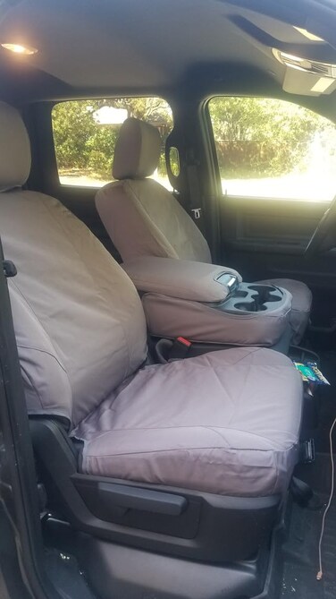 D1332-C8 Durafit Seat Covers, Seat Covers Gray Endura, 2013-2019 and 2020 Classic Ram Front 40/20/40 Split Bench with Opening Center Console. 20 Section seat Bottom Does Open. 2 opening lids in middle