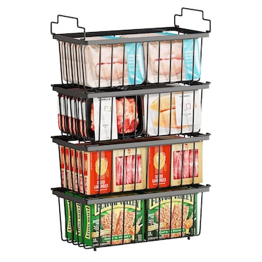 Freezer Organizer Bins(14.6&lsquo;&rsquo;L X 7.1&lsquo;&rsquo;W X 5.2&lsquo;&rsquo;H) - 4 Pack Stackable Chest Freezer Organizer for 7 Cu.FT Deep Freezer Sort Frozen Meats   Deep Freezer Organizer Bins Get Food Easily w/Handle(Black)