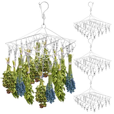Elesunory 4 Pcs Hanging Herb Drying Rack for Herb, Stainless Steel Herb Drying Rack with 40 Hooks, Flower Drying Rack for Fresh and Aromatic Herbs, Space Saving Herb Dryer for Fresh and Aromatic Herbs
