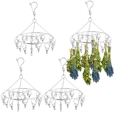 Elesunory 4Pcs Hanging Herb Drying Rack for Herb, Stainless Steel Herb Drying Rack with 20 Hooks, Flower Drying Rack for Herbs, Space Saving Herb Dryer for Fresh and Aromatic Herbs(Round)
