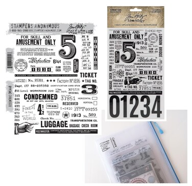 Tim Holtz Eccentric Cling Stamp, Eccentric Remnant Rubs, Carnora Mesh Storage Bag, 3 Item Bundle