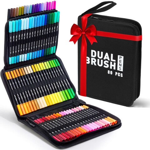 ALEMHOP Dual Brush Marker Pens, 80 Colors Art Markers Set for Coloring Book, Bullet Journaling, Note Taking, Hand Lettering - Drawing Art Supplies Kit with Fine and Brush Tip