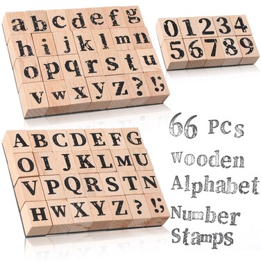 Marspark 66 Pcs Wooden Alphabet Number Stamps Small Letters Wooden Rubber Number Letter with Symbols for Rubber Stamps, DIY Projects, Arts and Crafts, Scrapbooking, Classroom, Games