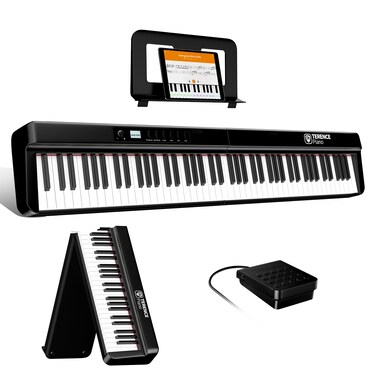 TERENCE Piano Keyboard, 88 Key Full Size Weighted Folding Piano Keyboard, Digital Keyboard Piano with 2X25W Speakers, Music Stand, Keyboard Stickers, Earphones and Sustain Pedal