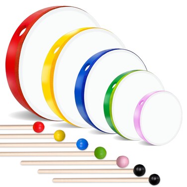 5 Pcs Kids Hand Drums Wood Frame Drum Set with Drum Stick 12 Inch 10 Inch 8 Inch 6 Inch 4 Inch Multicolor Percussion Musical Instruments for School Kids Adults Beginners Home Party Supplies